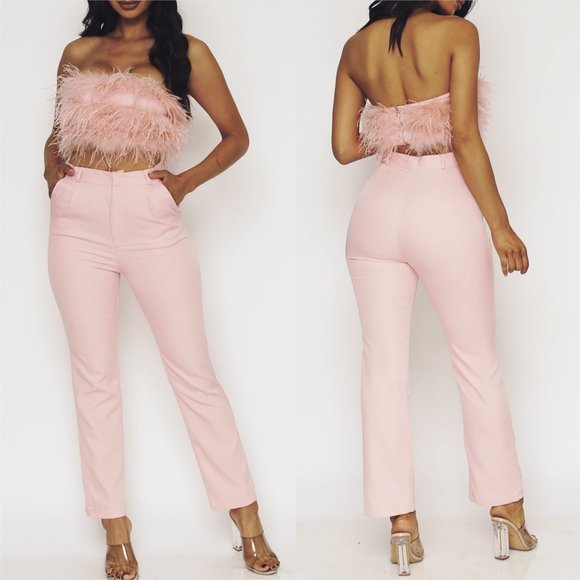 MODA ME COUTURE Pants - THE IT FACTOR 2 PIECE Pink Feather top & Pants